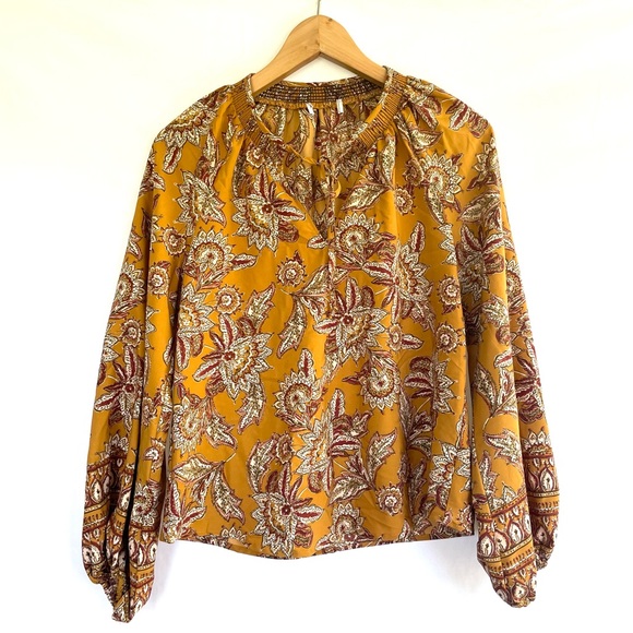 Evereve Britta Border Print Peasant Blouse Yellow Mustard xs New without tags - Picture 4 of 10